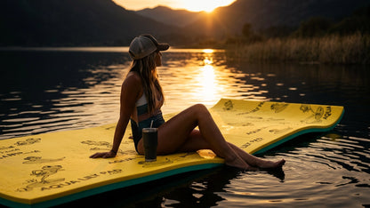 Woman sitting on an Original Aqua Lily Pad at sunset on a lake
